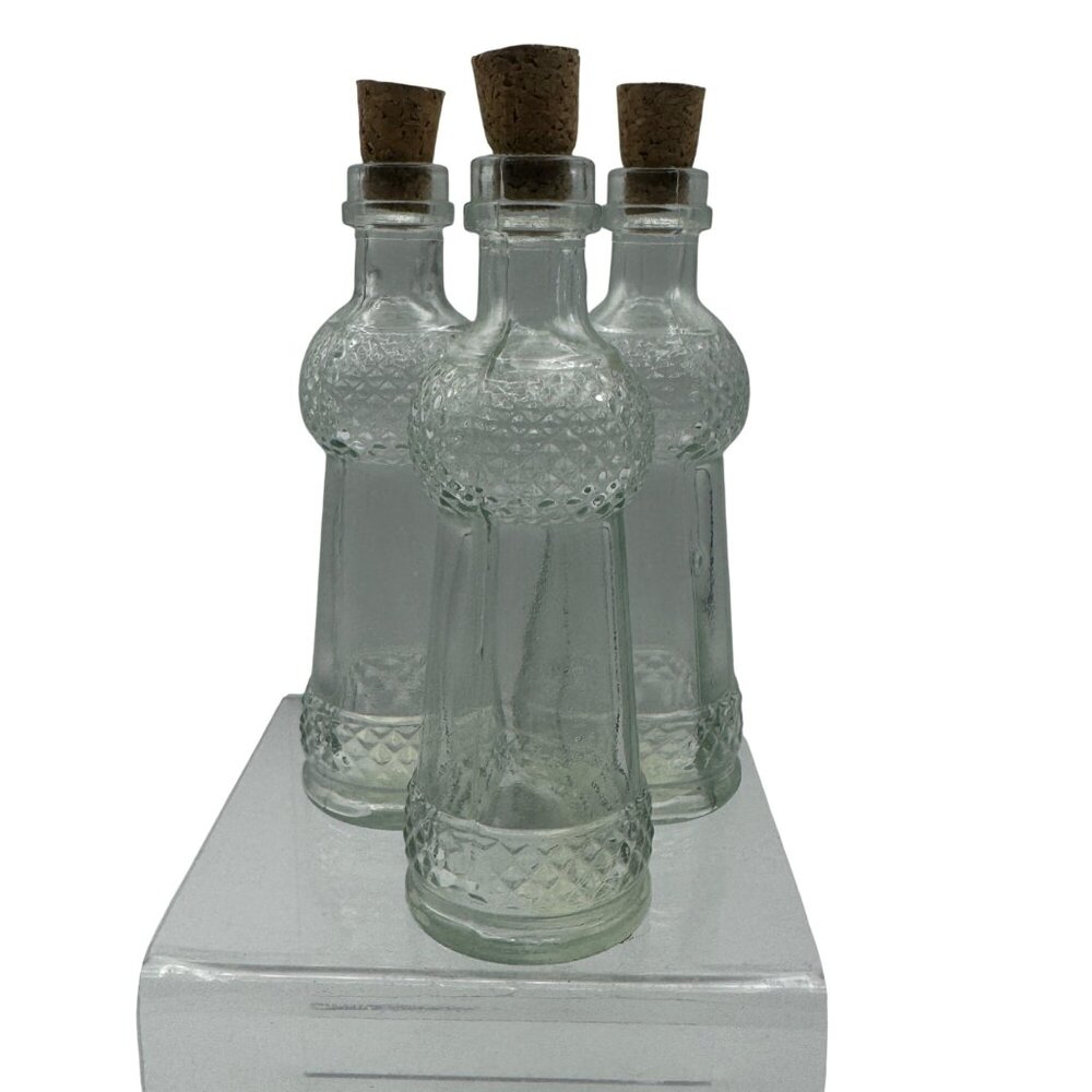 Set Of 3 Clear Glass Bottles With Cork Stoppers & Textured Design Decorative Acc